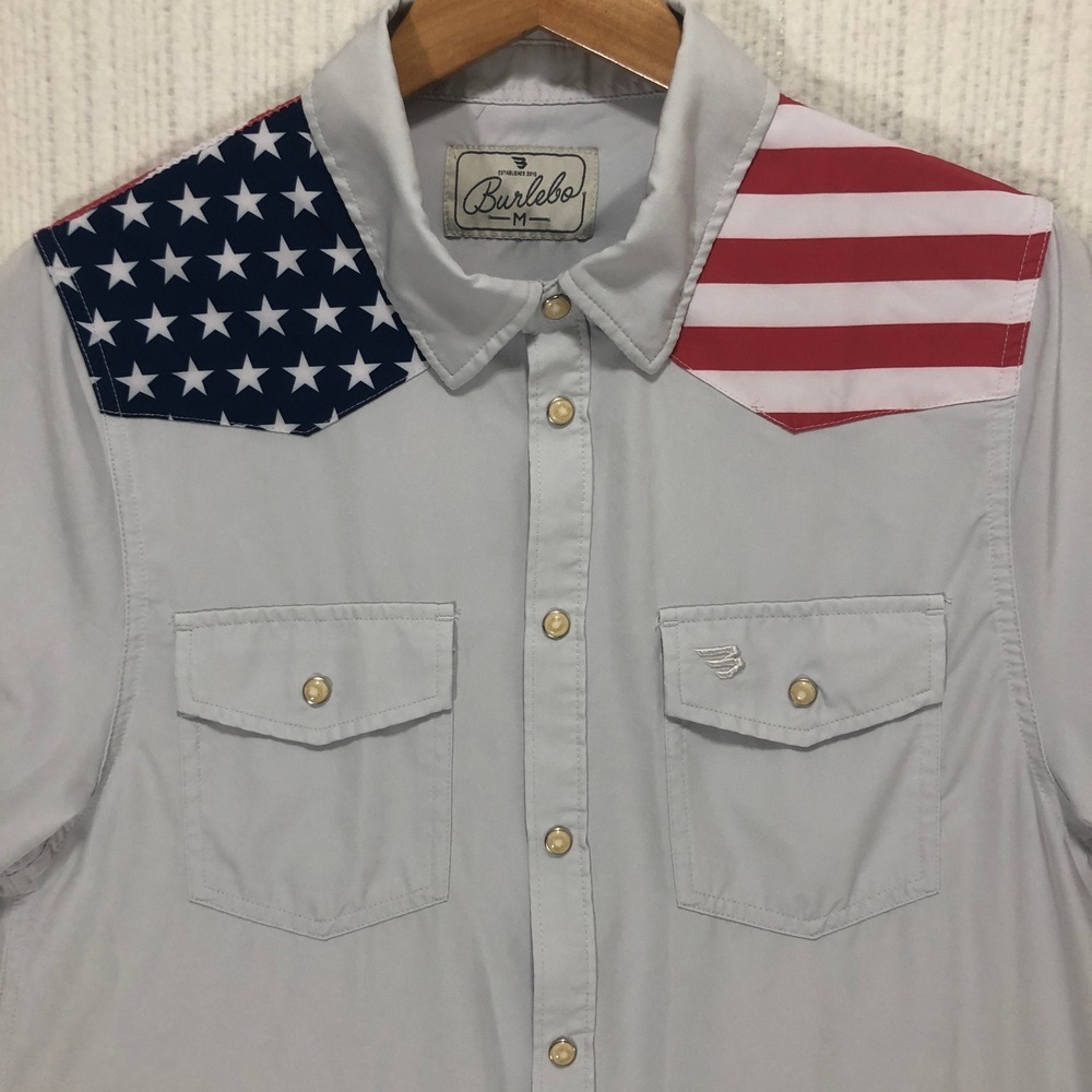 Burlebo Mens Grey American Flag Western Snap Performance Shirt Med Short Sleeve